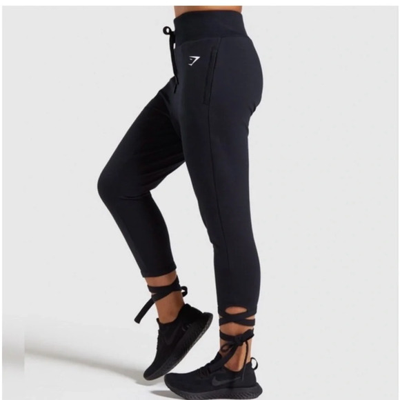Gymshark Black Joggers high rise sweat pant tie waist  and ankles SZ S - Picture 2 of 6